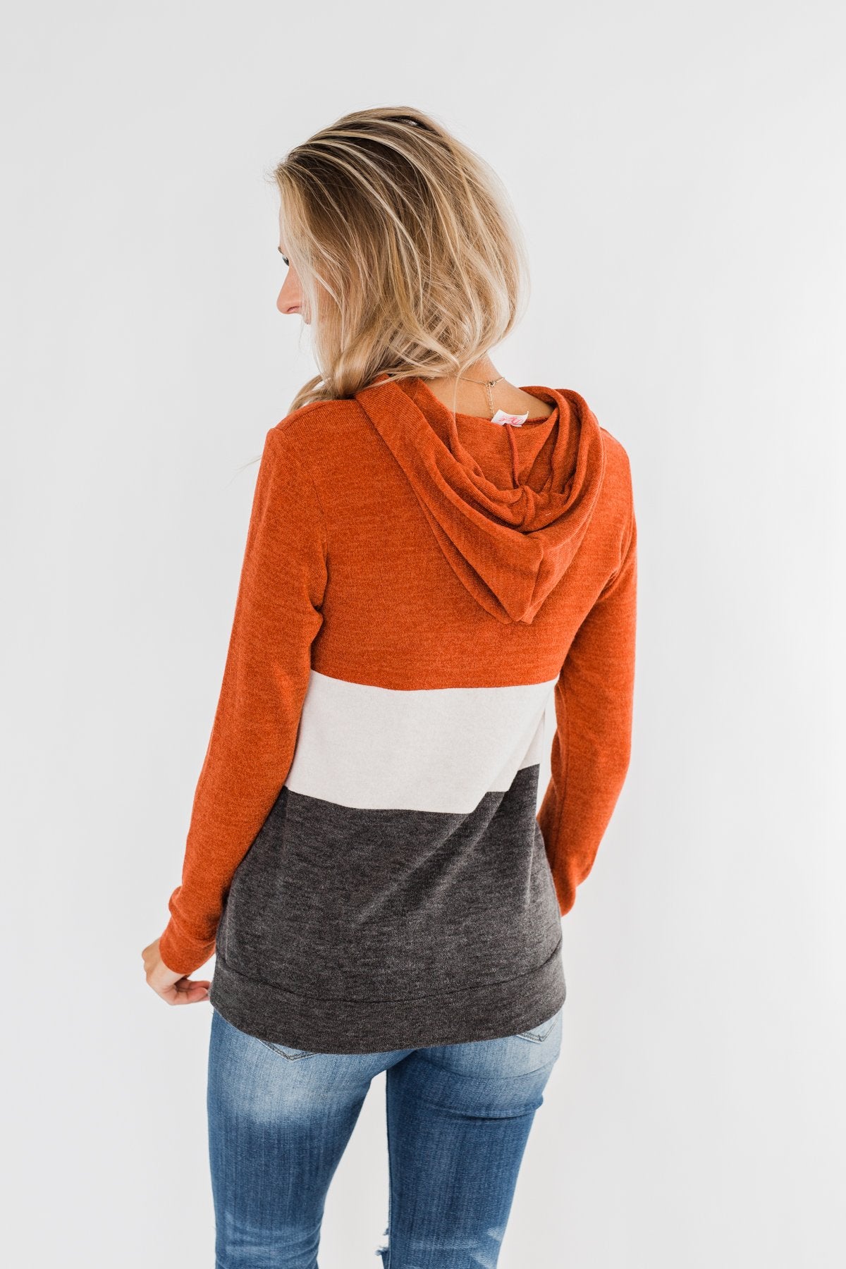 Make Me Smile Color Block Hoodie- Burnt Orange & Charcoal