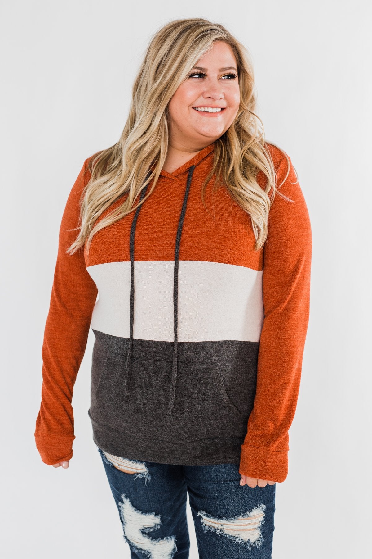 Make Me Smile Color Block Hoodie- Burnt Orange & Charcoal