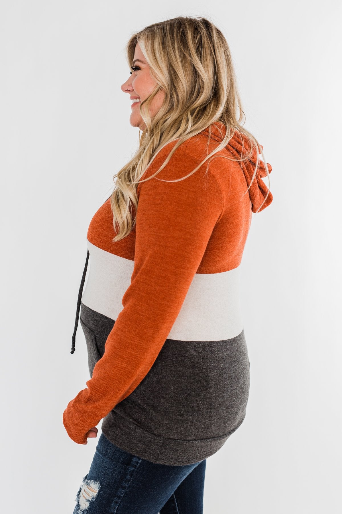 Make Me Smile Color Block Hoodie- Burnt Orange & Charcoal