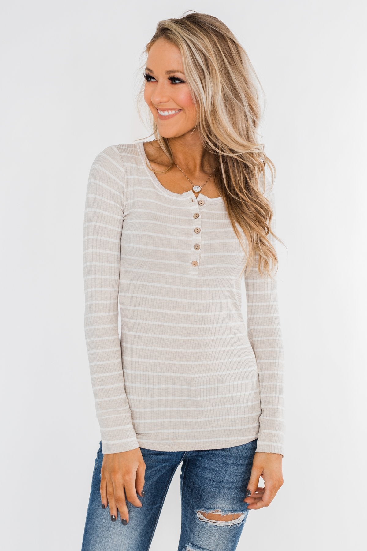 Essential 5-Button Henley Top- Heathered Oatmeal & Ivory