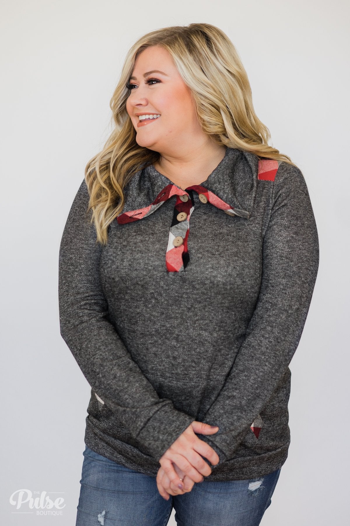 Hint of Plaid Pullover & Button Top- Charcoal