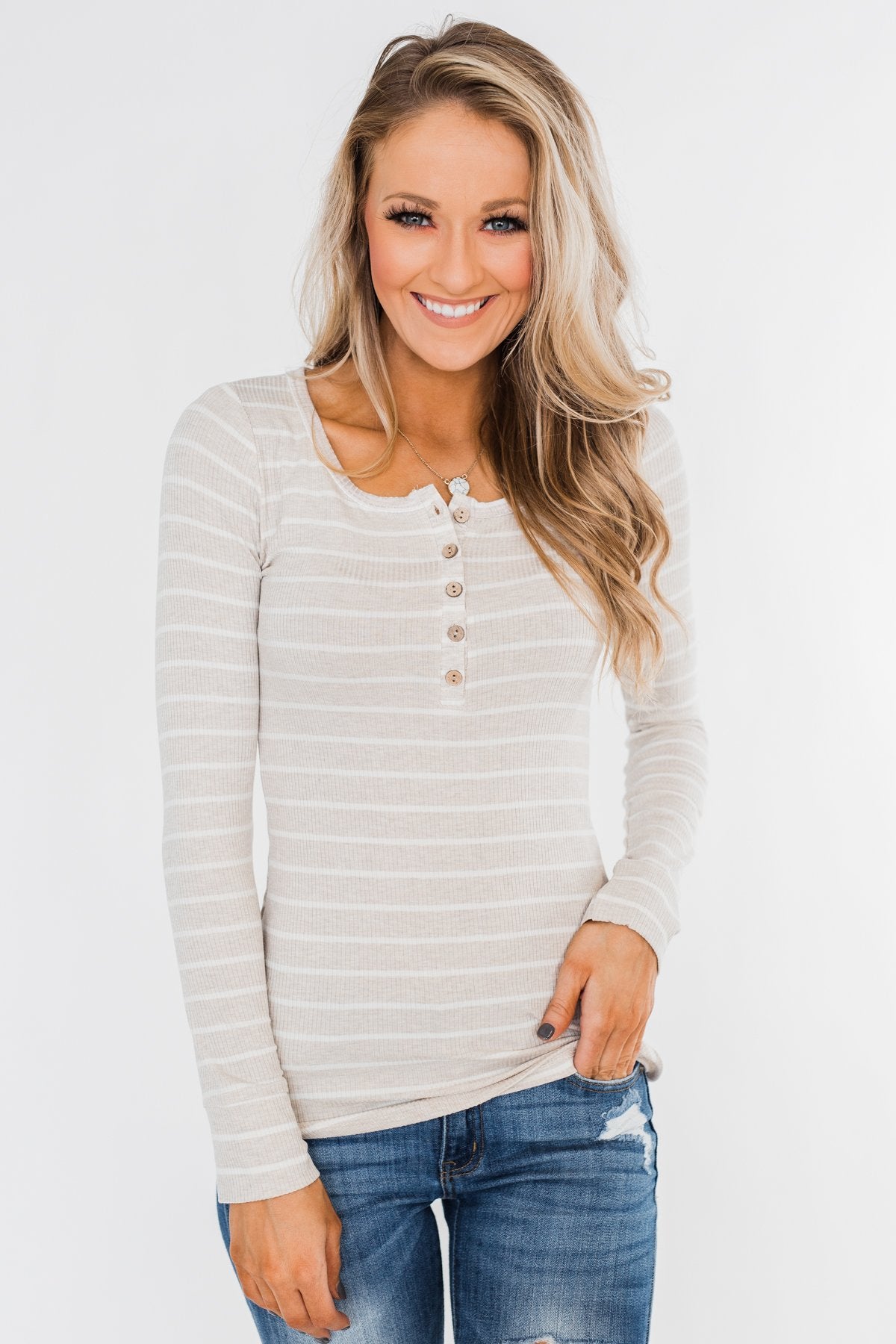 Essential 5-Button Henley Top- Heathered Oatmeal & Ivory