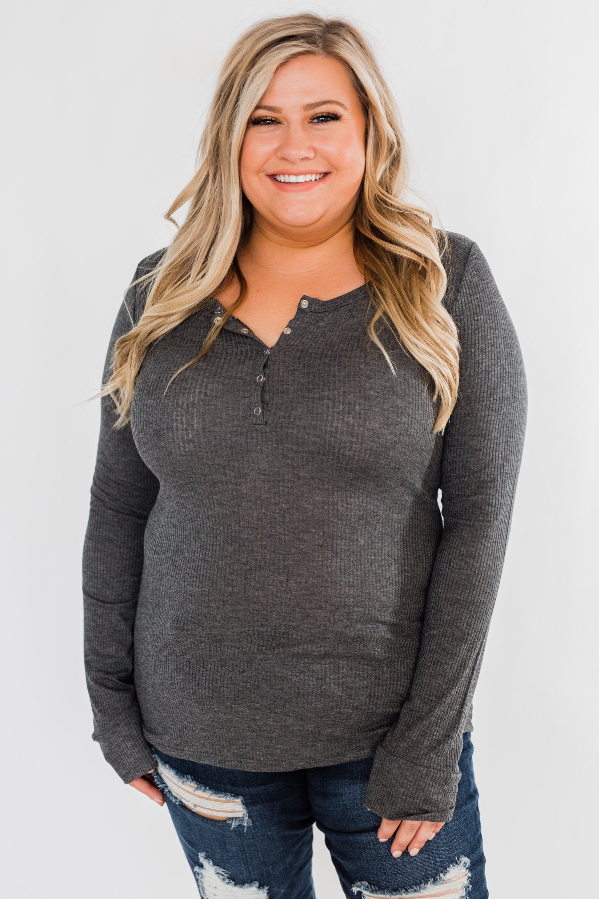 Snap Button Henley Top- Charcoal