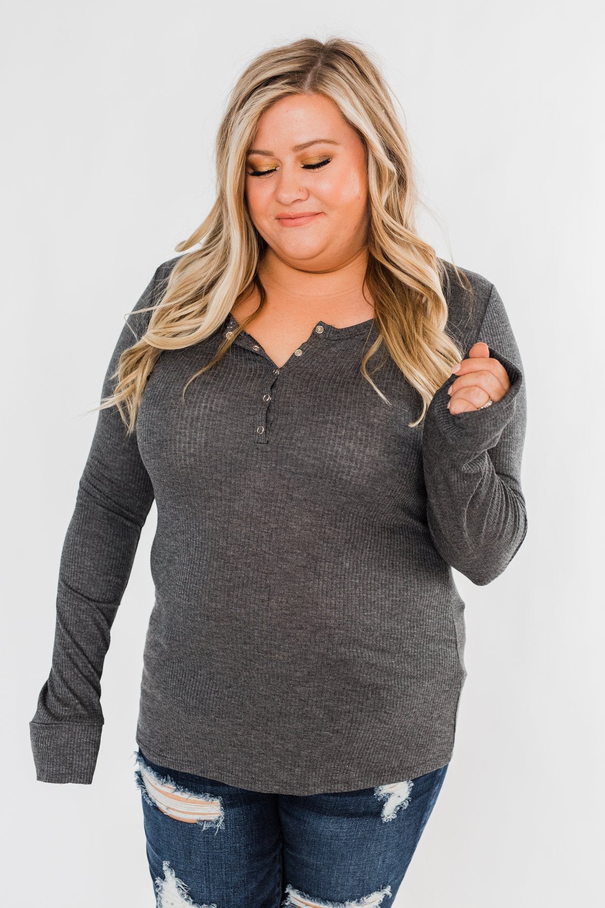 Snap Button Henley Top- Charcoal