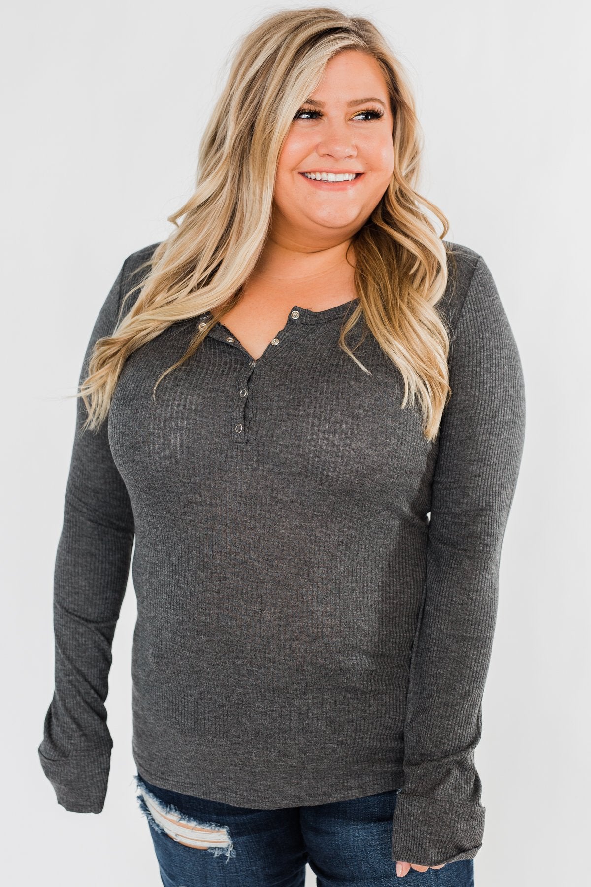 Snap Button Henley Top- Charcoal
