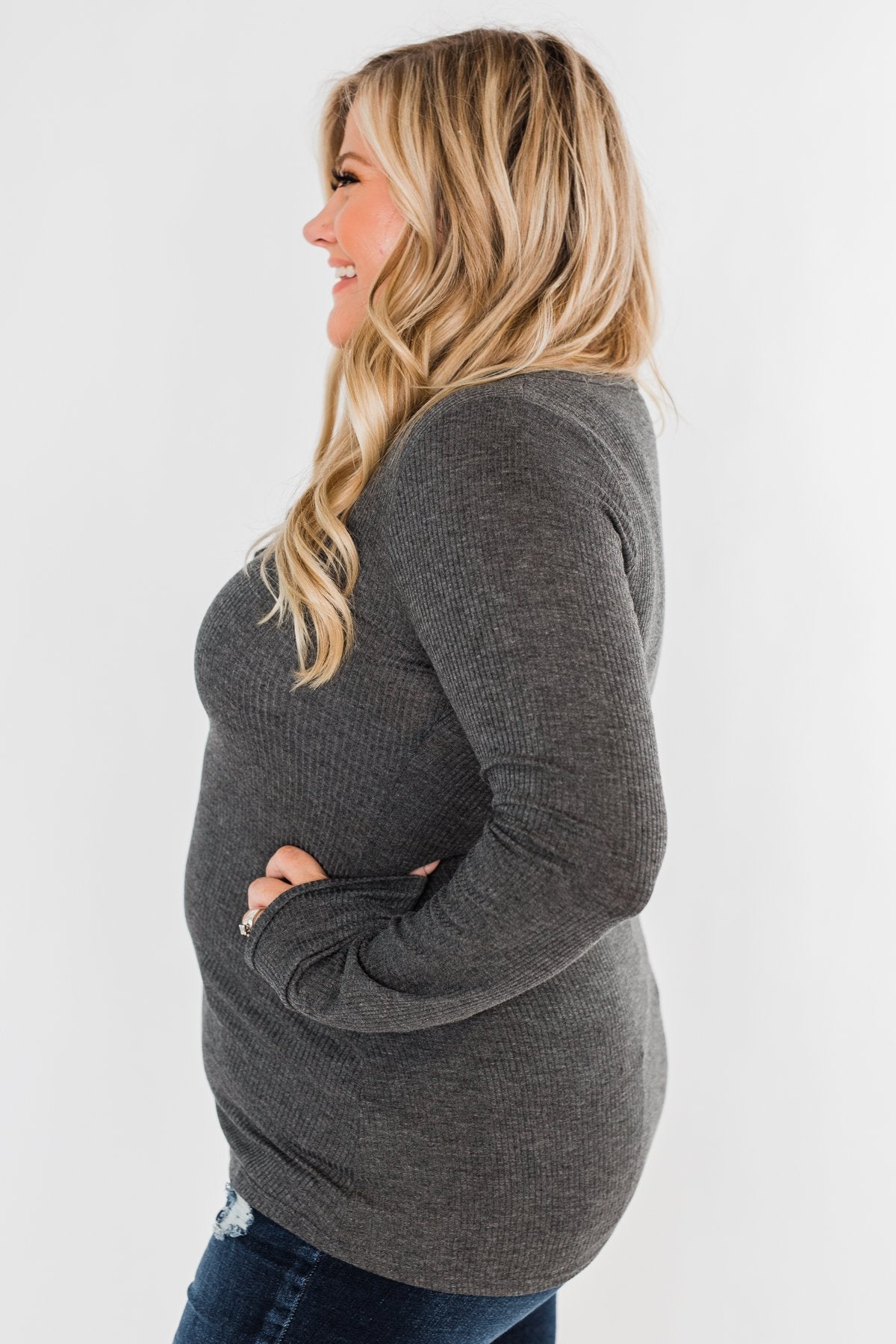 Snap Button Henley Top- Charcoal