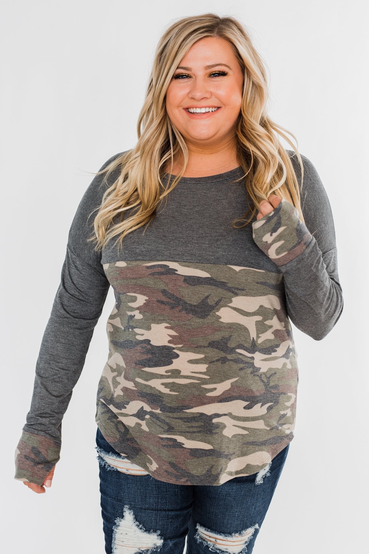 Never Blend In Color Block Top- Camo & Light Charcoal