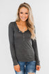 Snap Button Henley Top- Charcoal