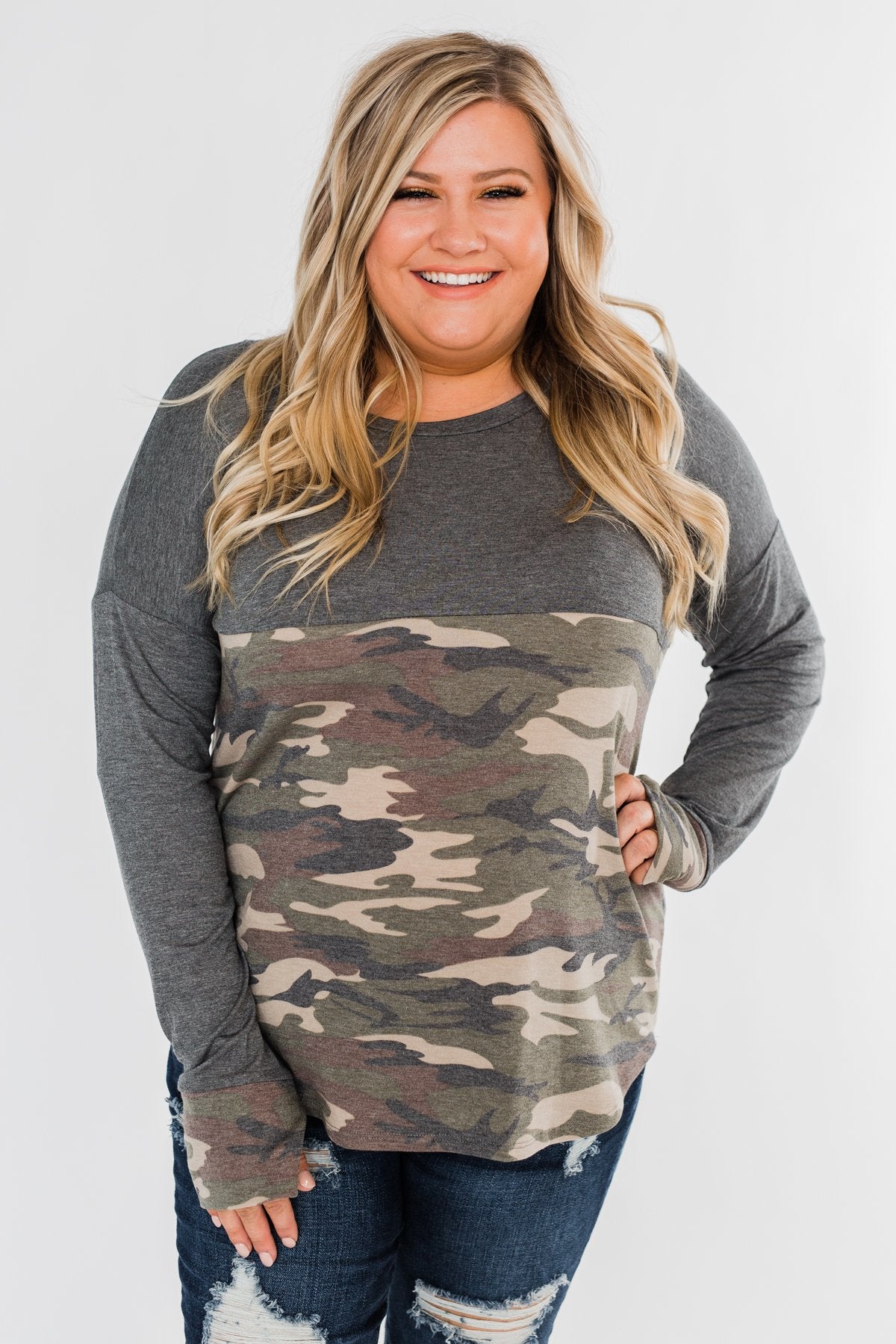 Never Blend In Color Block Top- Camo & Light Charcoal