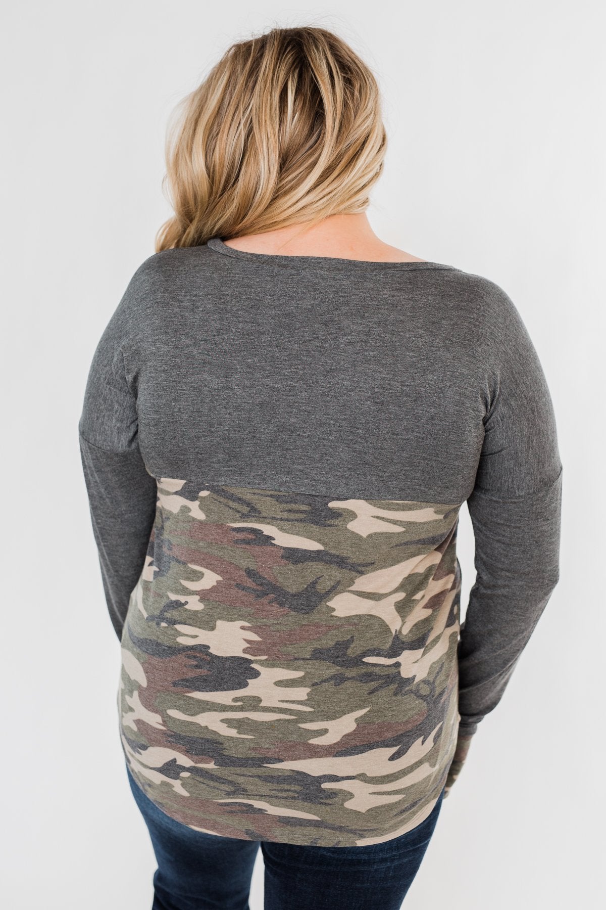 Never Blend In Color Block Top- Camo & Light Charcoal