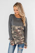 Never Blend In Color Block Top- Camo & Light Charcoal