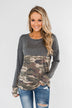Never Blend In Color Block Top- Camo & Light Charcoal