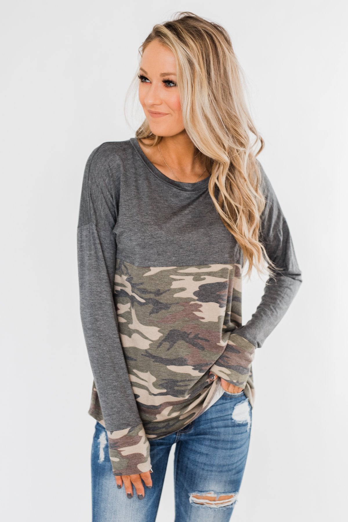 Never Blend In Color Block Top- Camo & Light Charcoal