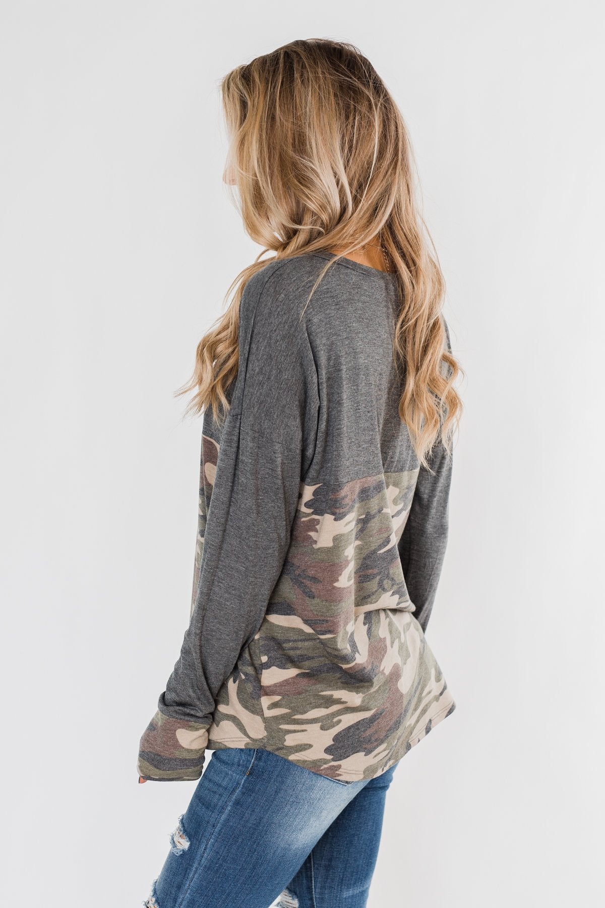 Never Blend In Color Block Top- Camo & Light Charcoal