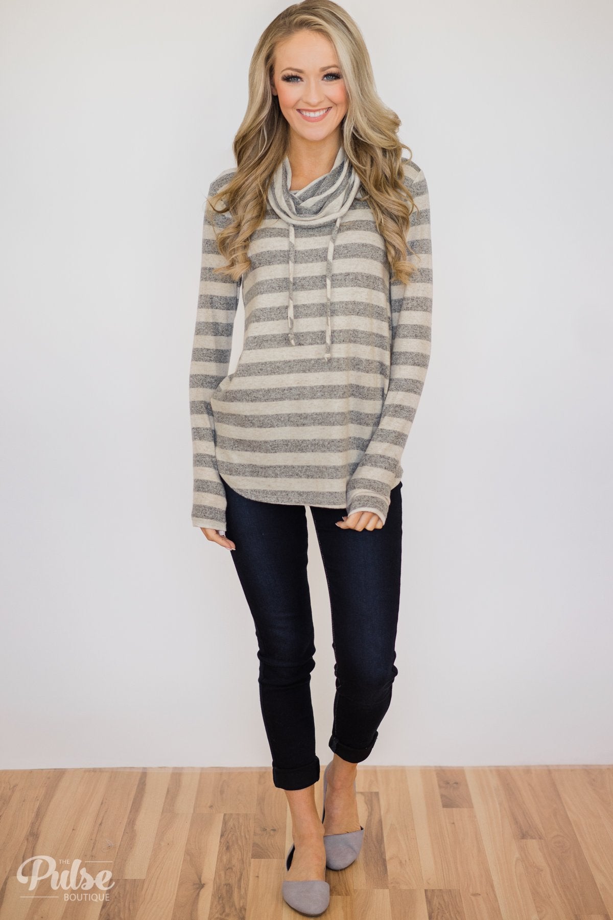 Striped Cowl Neck Top- Grey & Oatmeal
