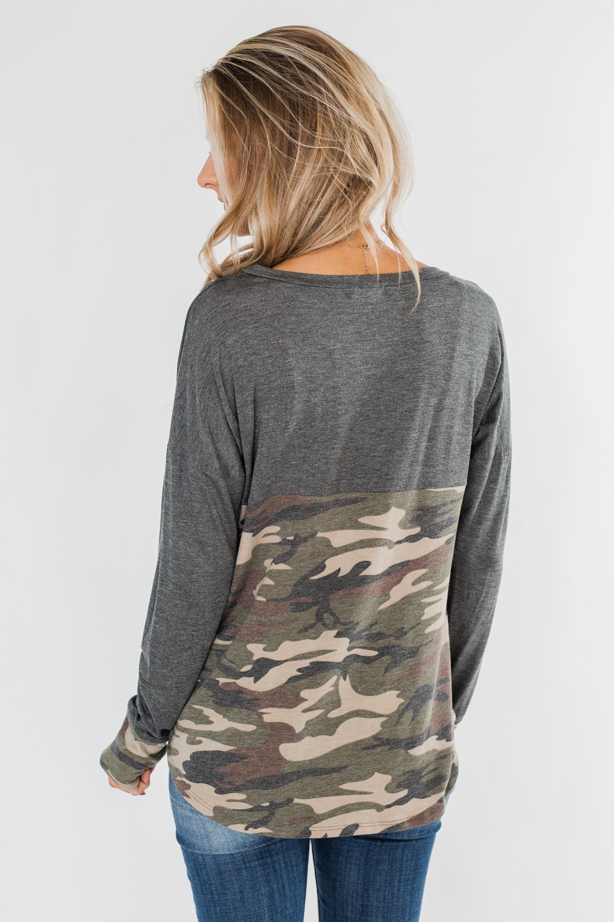 Never Blend In Color Block Top- Camo & Light Charcoal