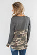Never Blend In Color Block Top- Camo & Light Charcoal