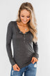 Snap Button Henley Top- Charcoal
