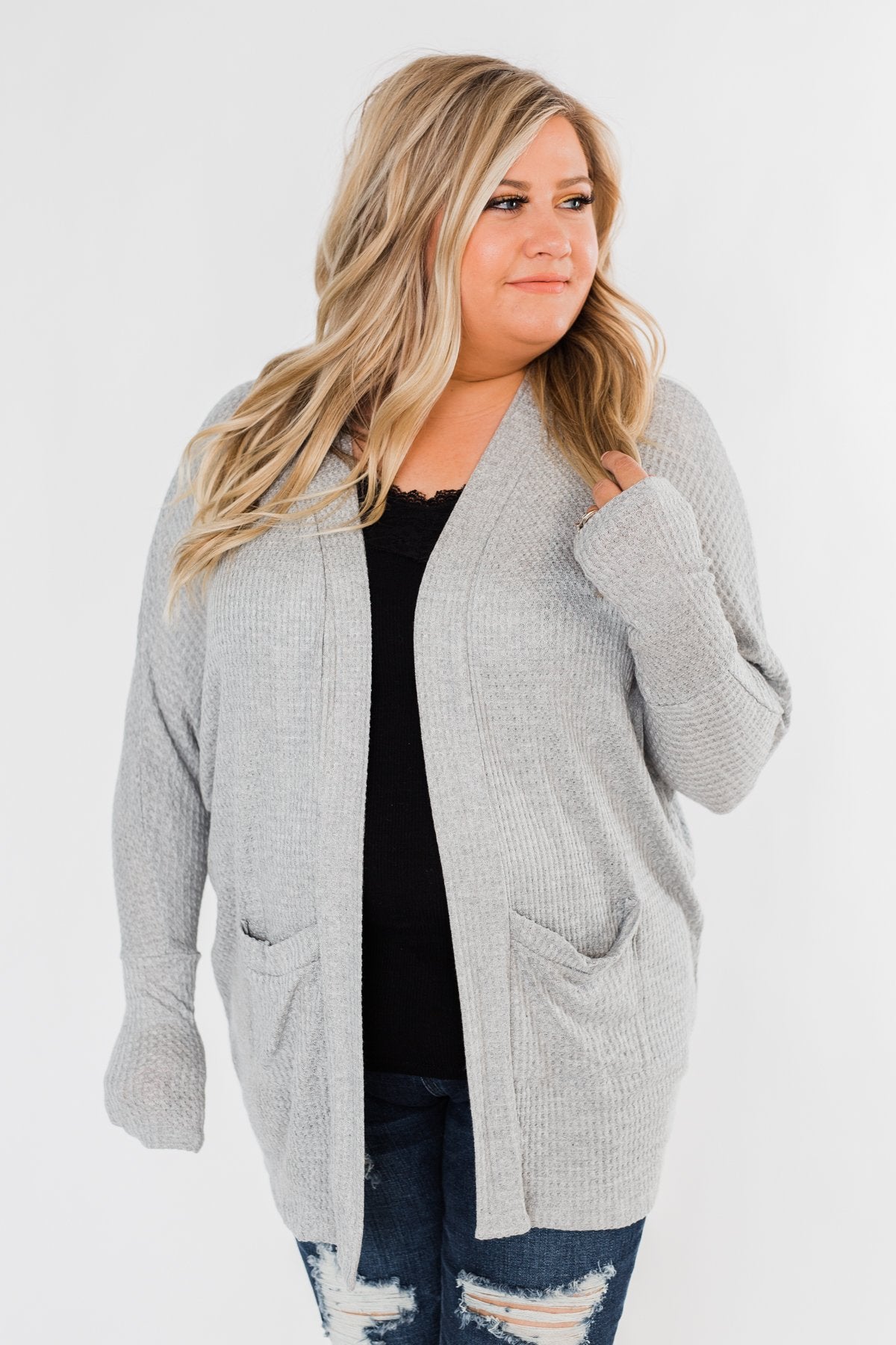 Break Free Waffle Knit Cardigan- Grey