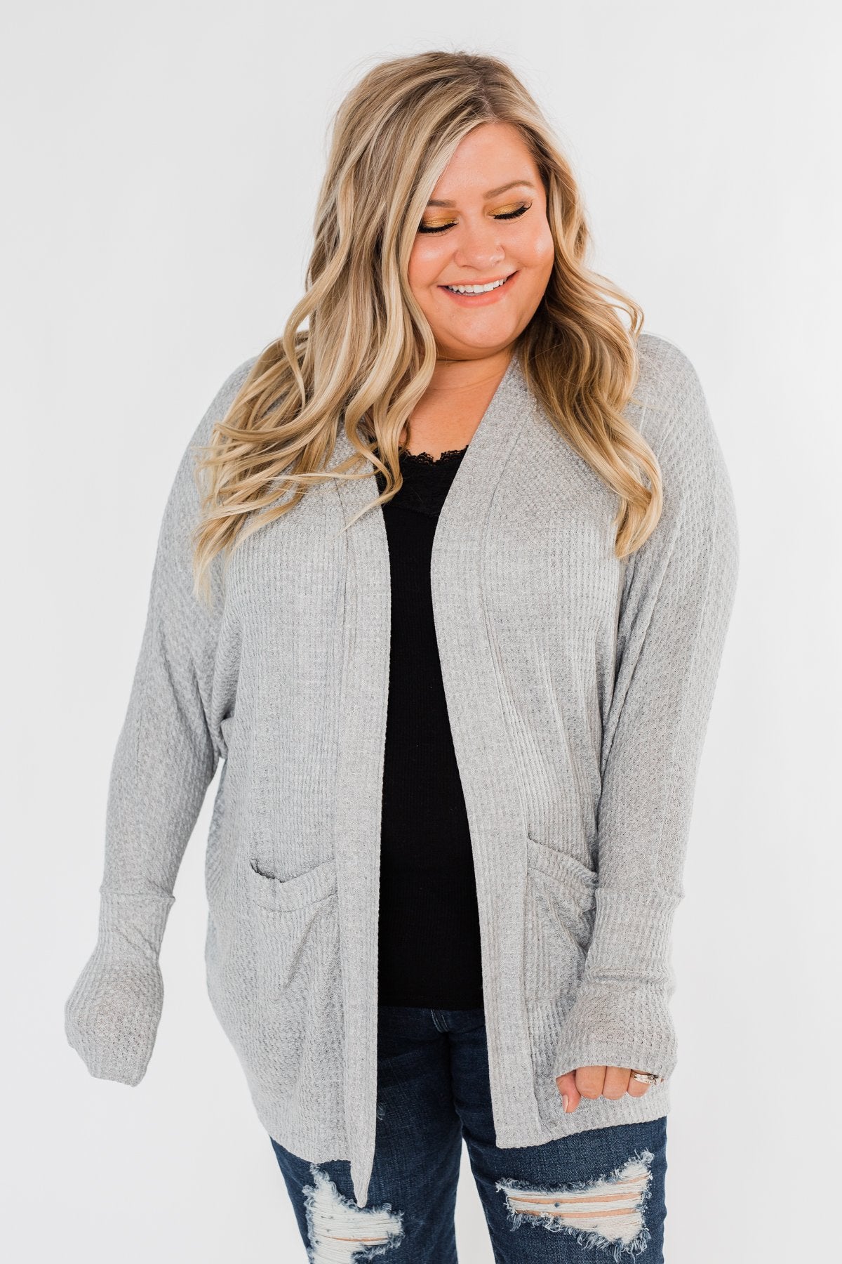 Break Free Waffle Knit Cardigan- Grey