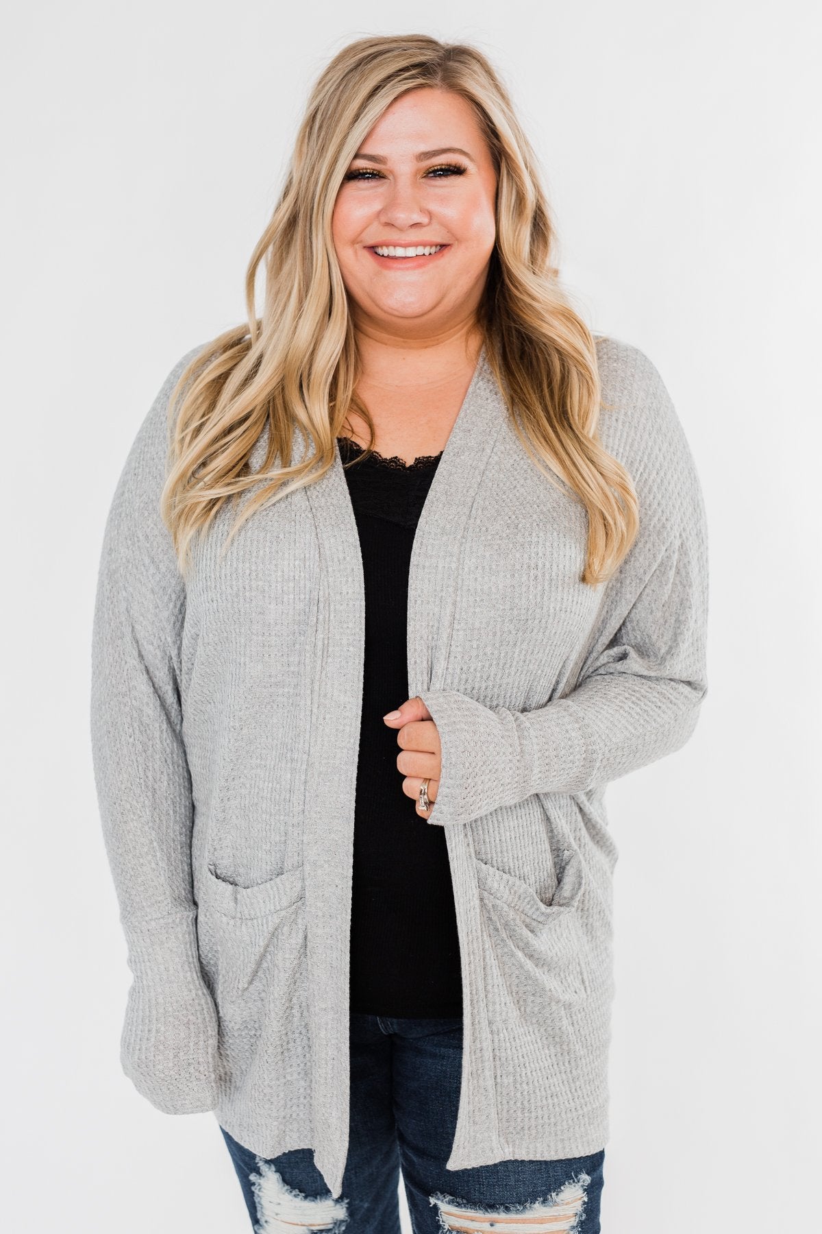 Break Free Waffle Knit Cardigan- Grey