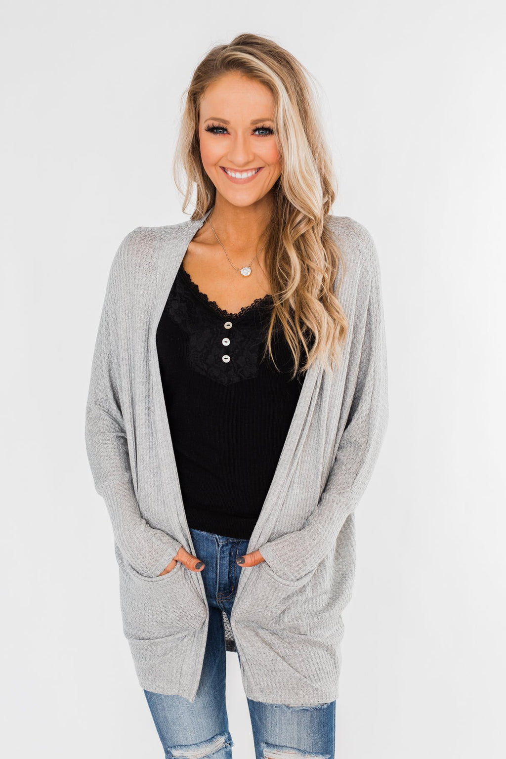 Break Free Waffle Knit Cardigan- Grey