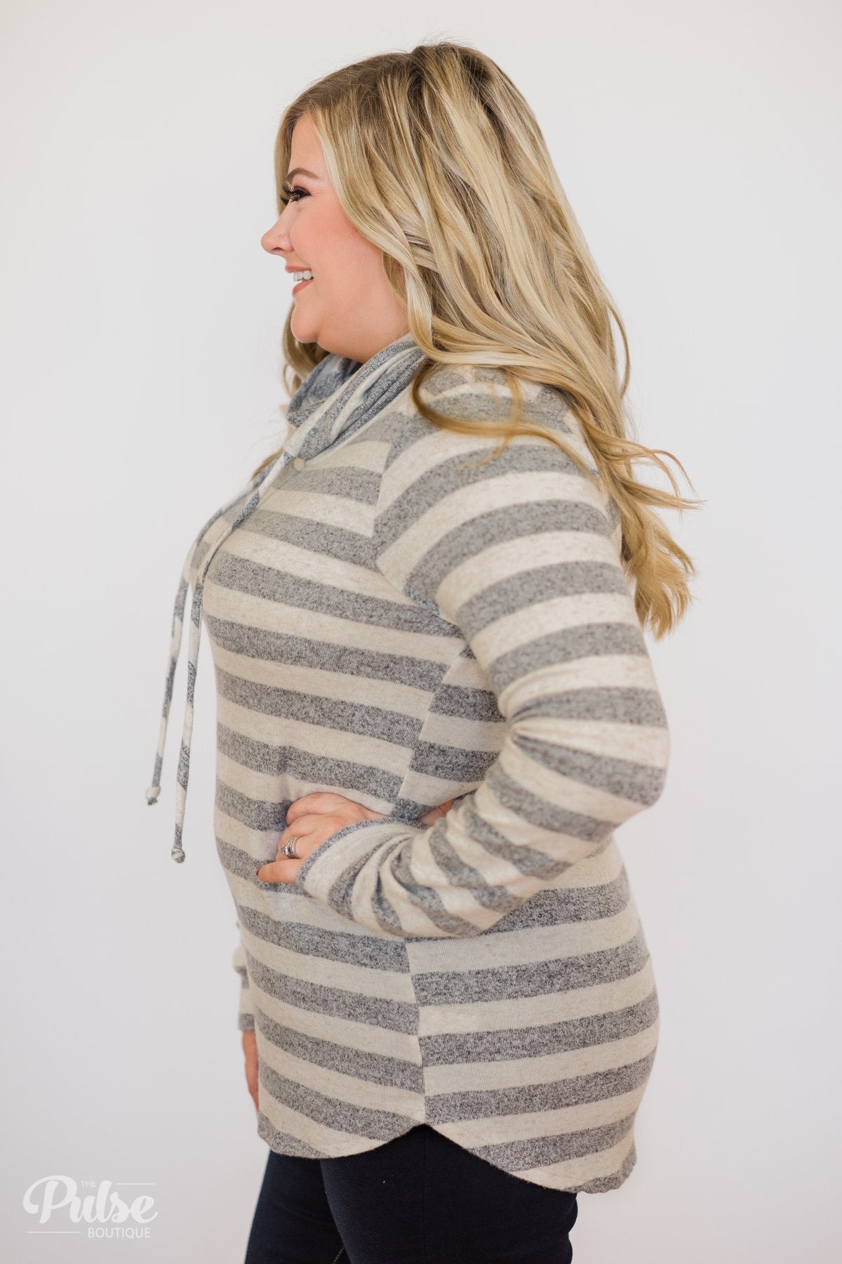 Striped Cowl Neck Top- Grey & Oatmeal