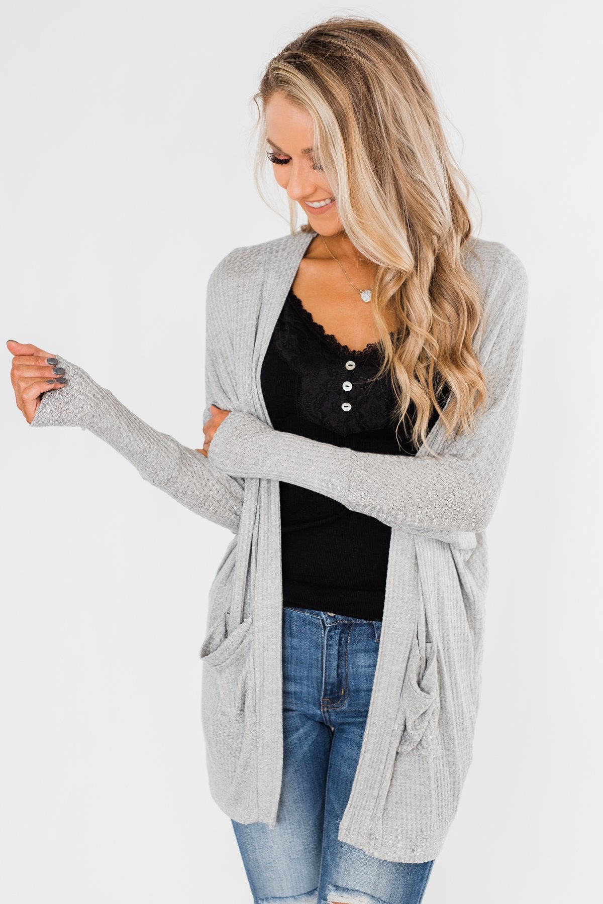 Break Free Waffle Knit Cardigan- Grey