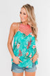 Tropical Crochet Halter Tank Top- Teal