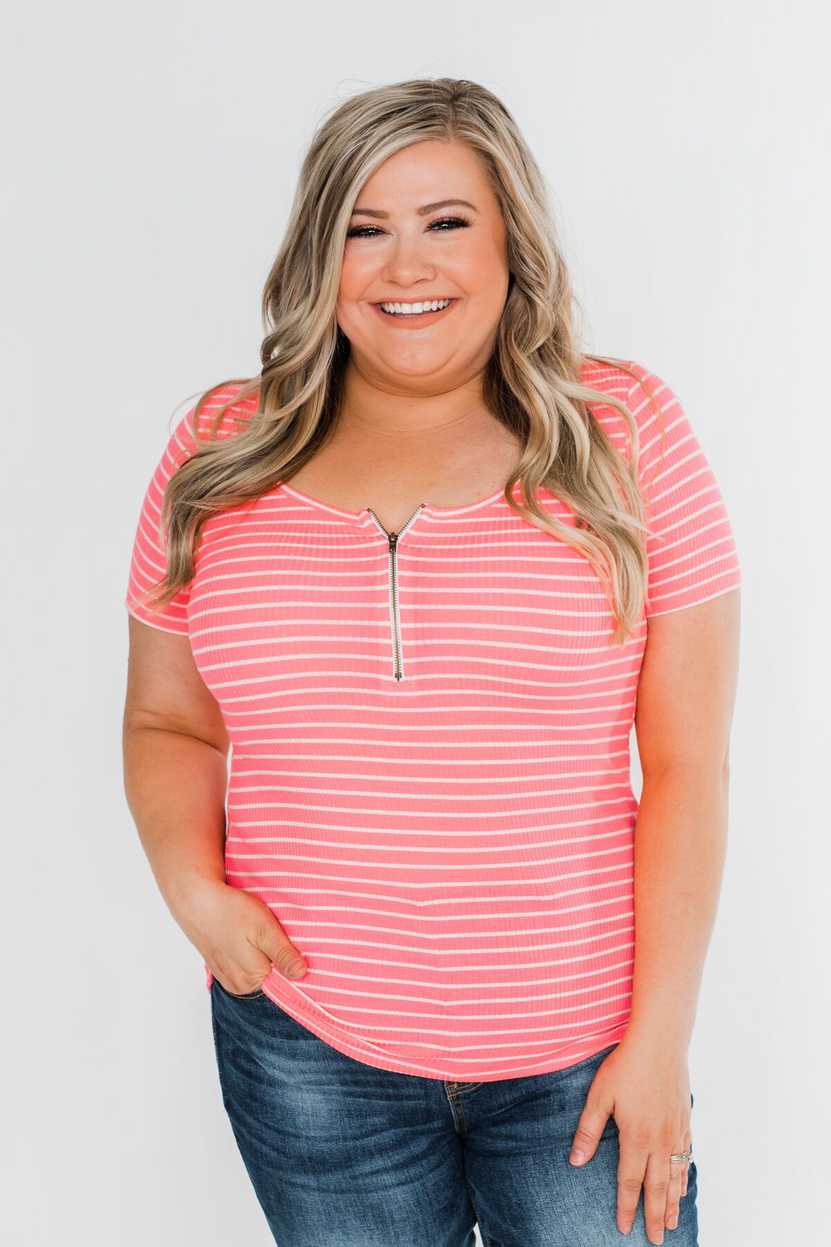 Short Sleeve Neon Zipper Top- Pink
