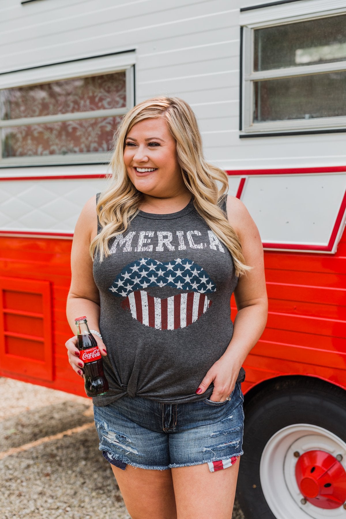 "Merica" Cut Out Back Tank Top- Charcoal