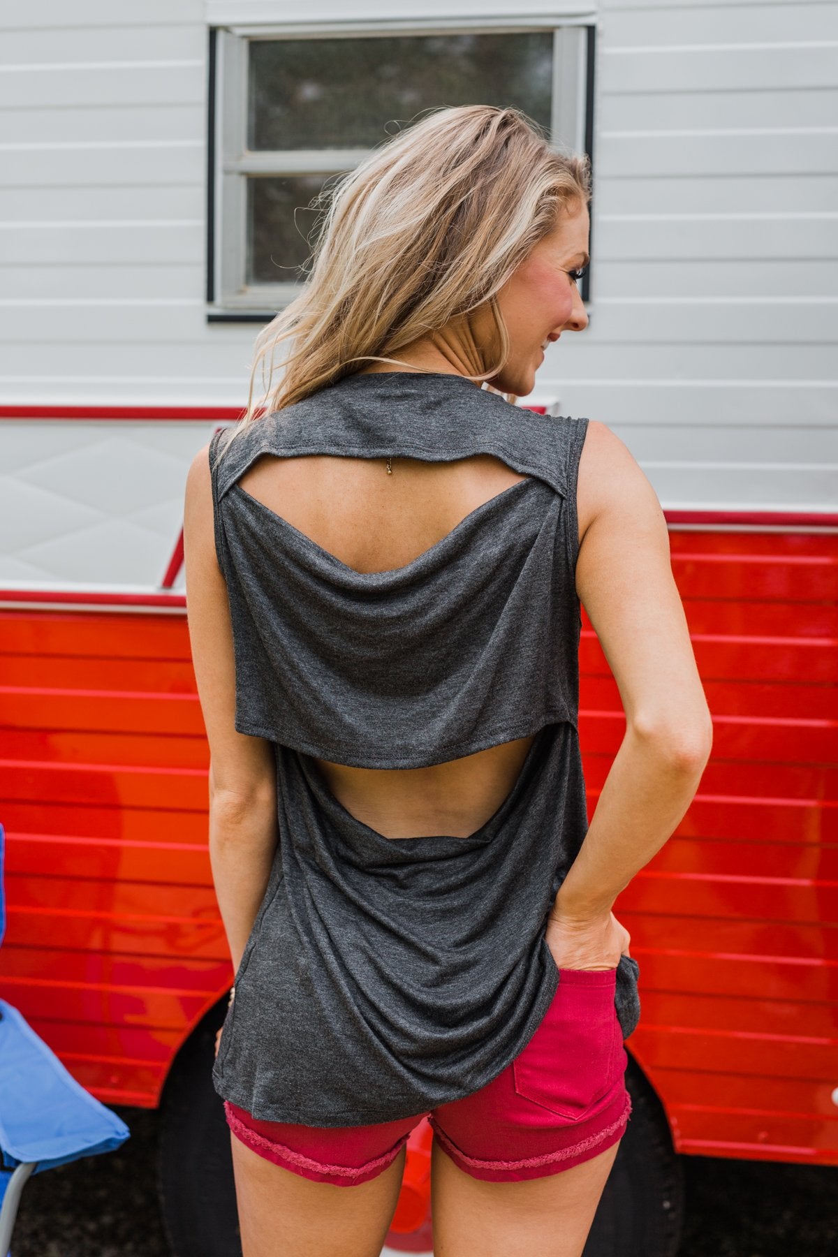 "Merica" Cut Out Back Tank Top- Charcoal