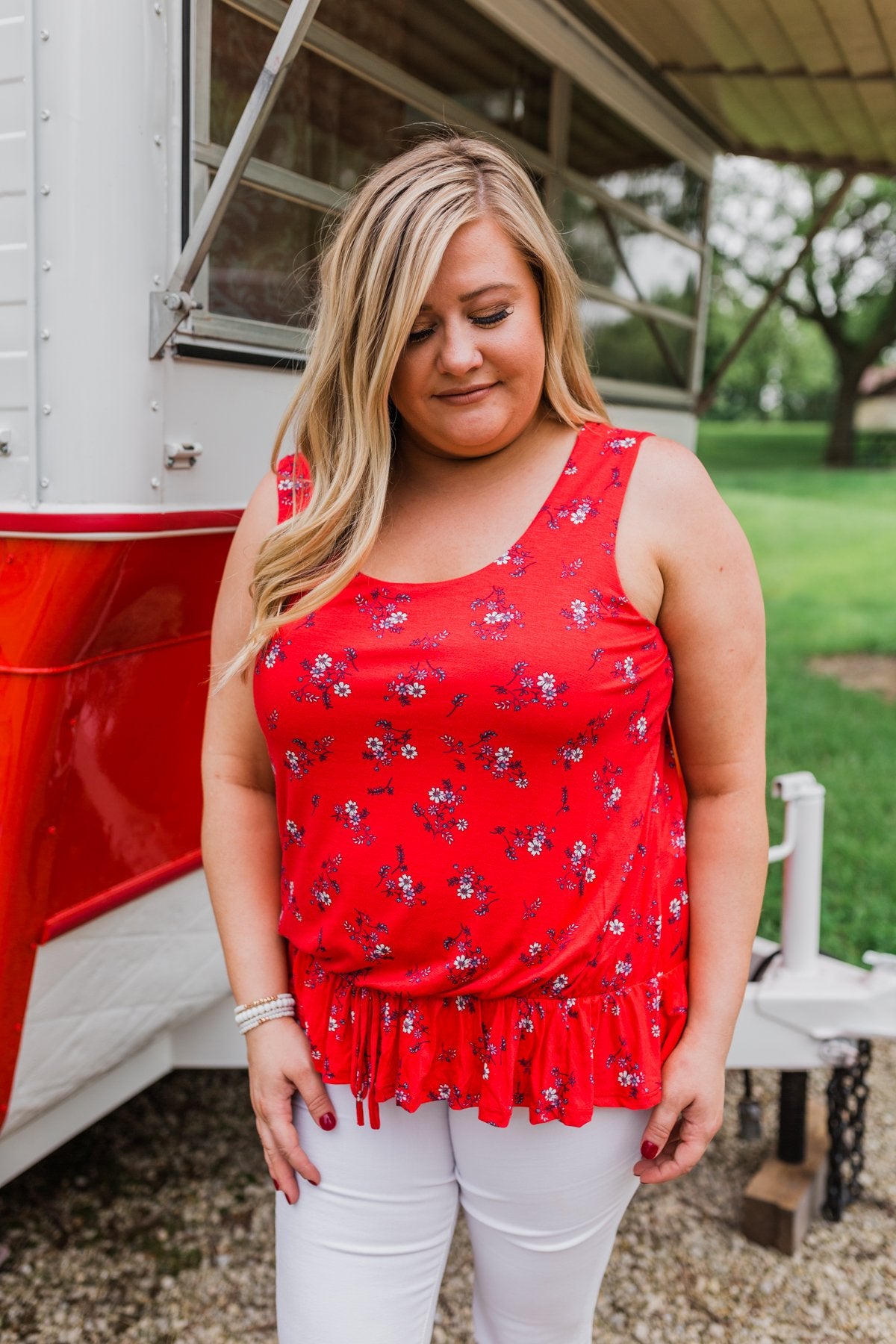 Belong With You Cinch Waist Floral Tank Top- Fruit Punch Red