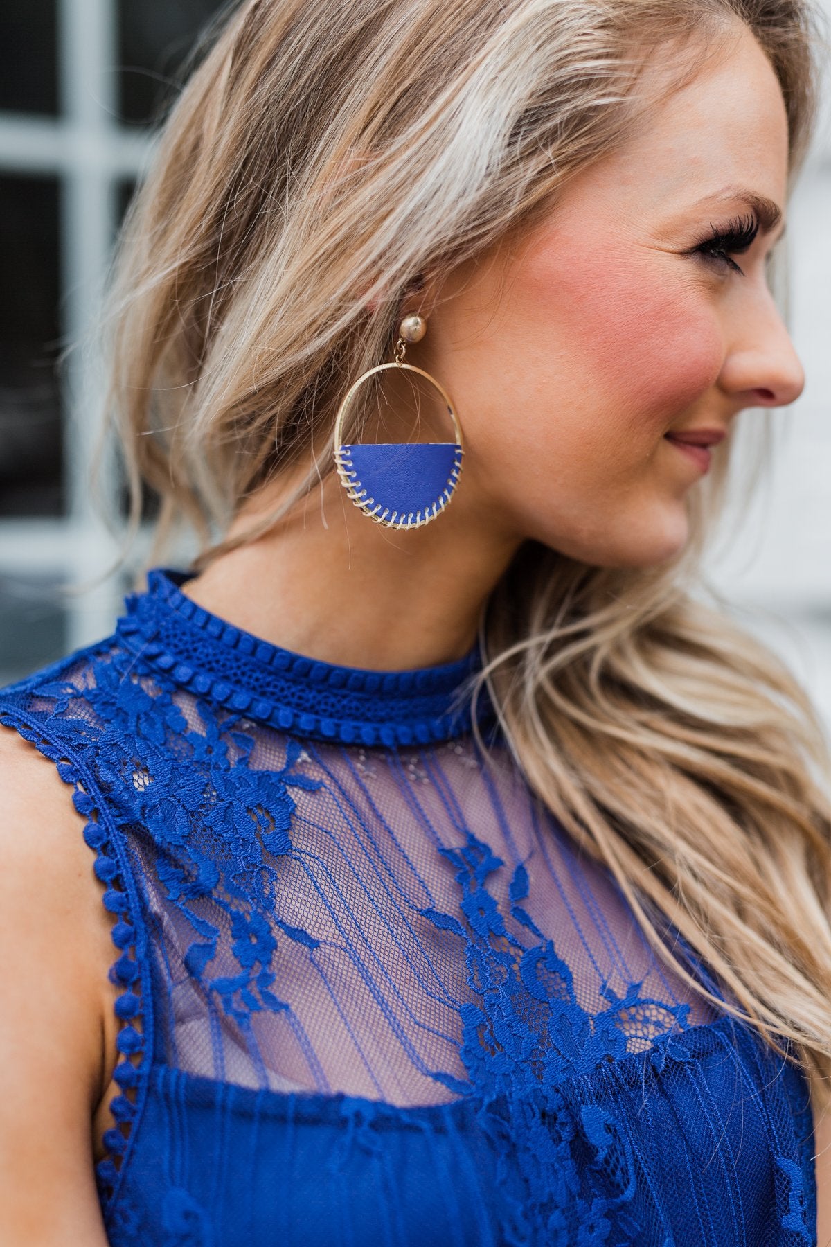 Half Circle Royal Blue Leather Hoop Earrings- Gold