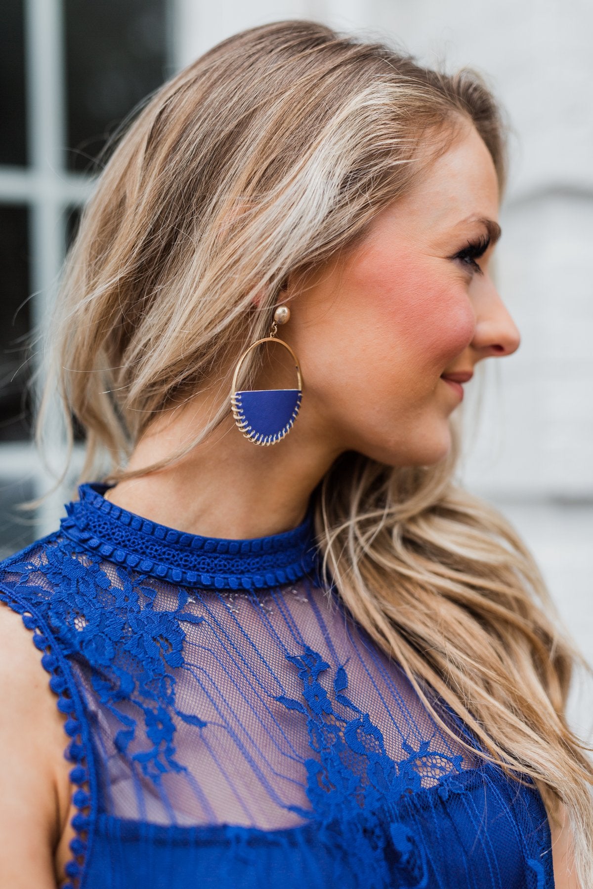 Half Circle Royal Blue Leather Hoop Earrings- Gold