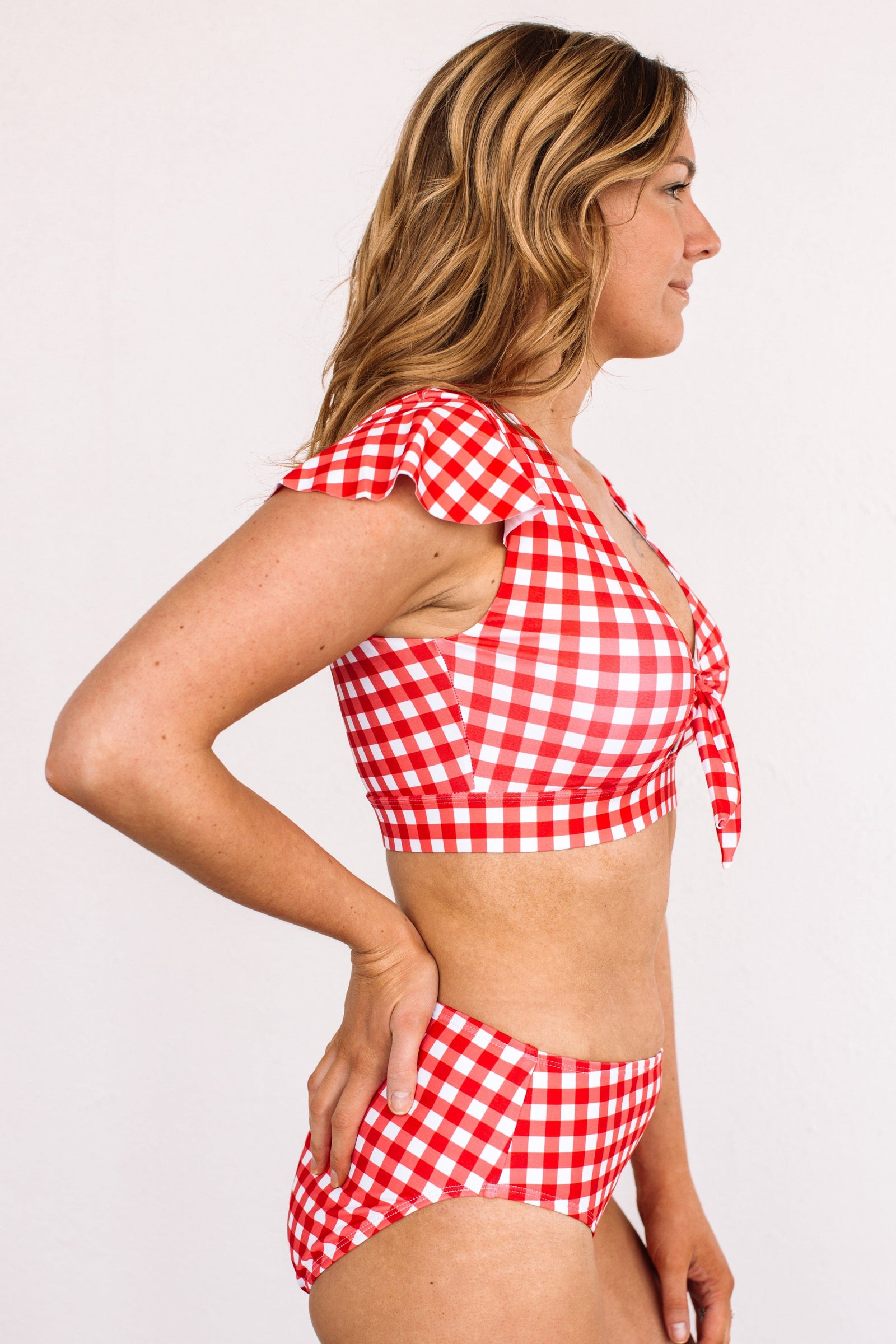 Miami Memories Flutter Sleeve Swim Top- Red Gingham