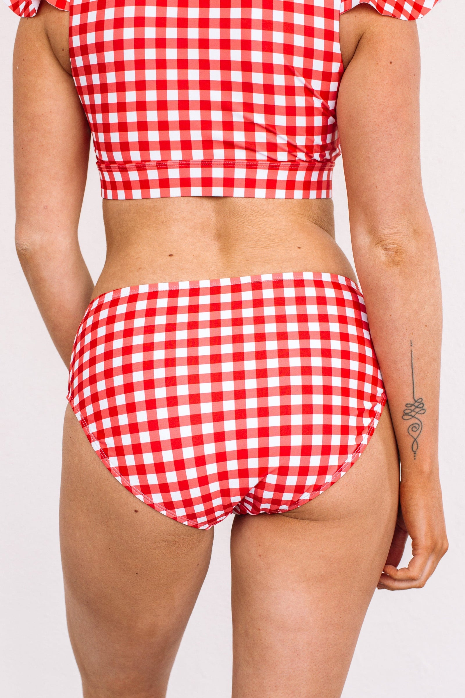 Bask In The Sun Mid-Rise Swim Bottoms- Red Gingham