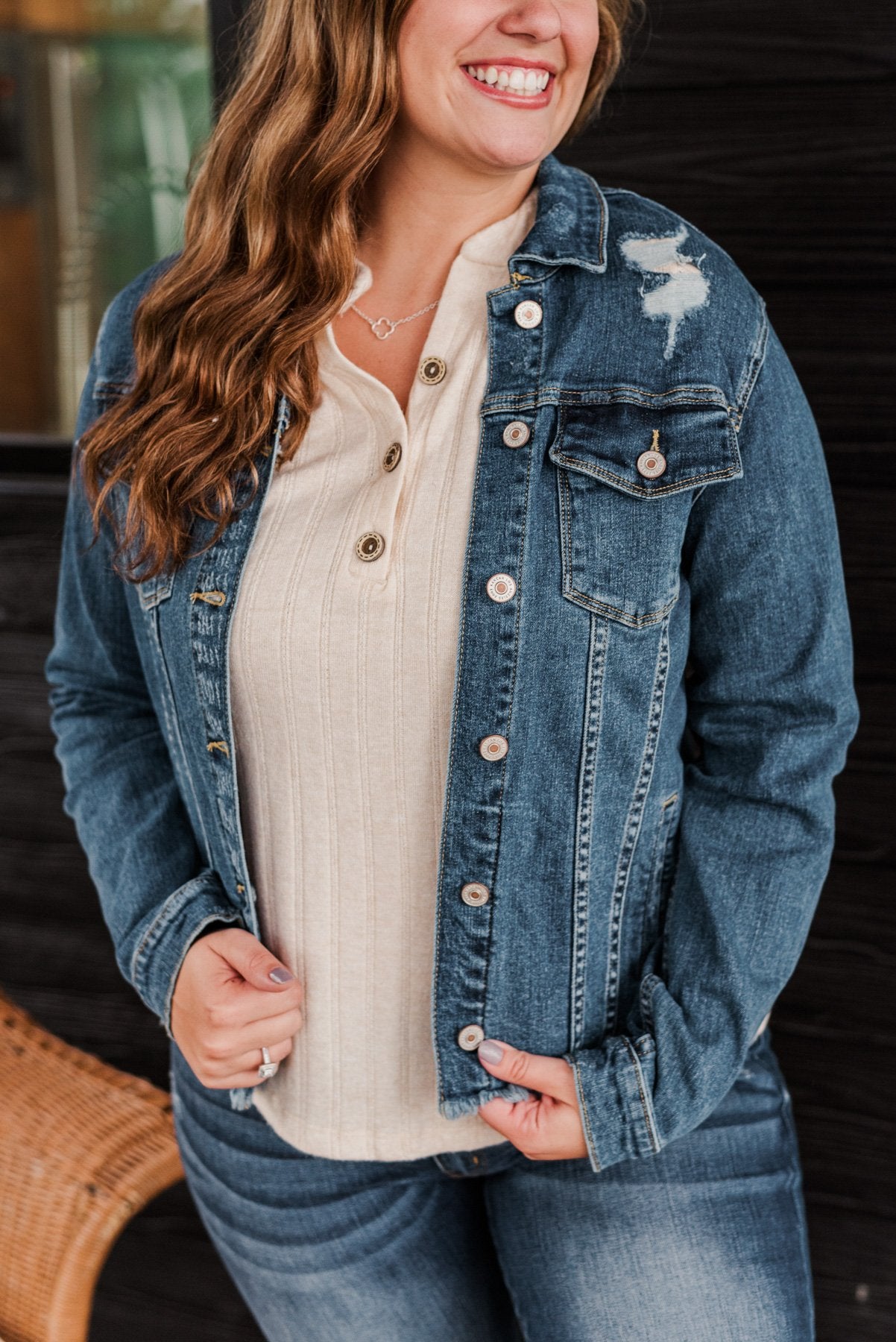 Distressed Button-Up Denim Jacket with Pockets - Blue / XL