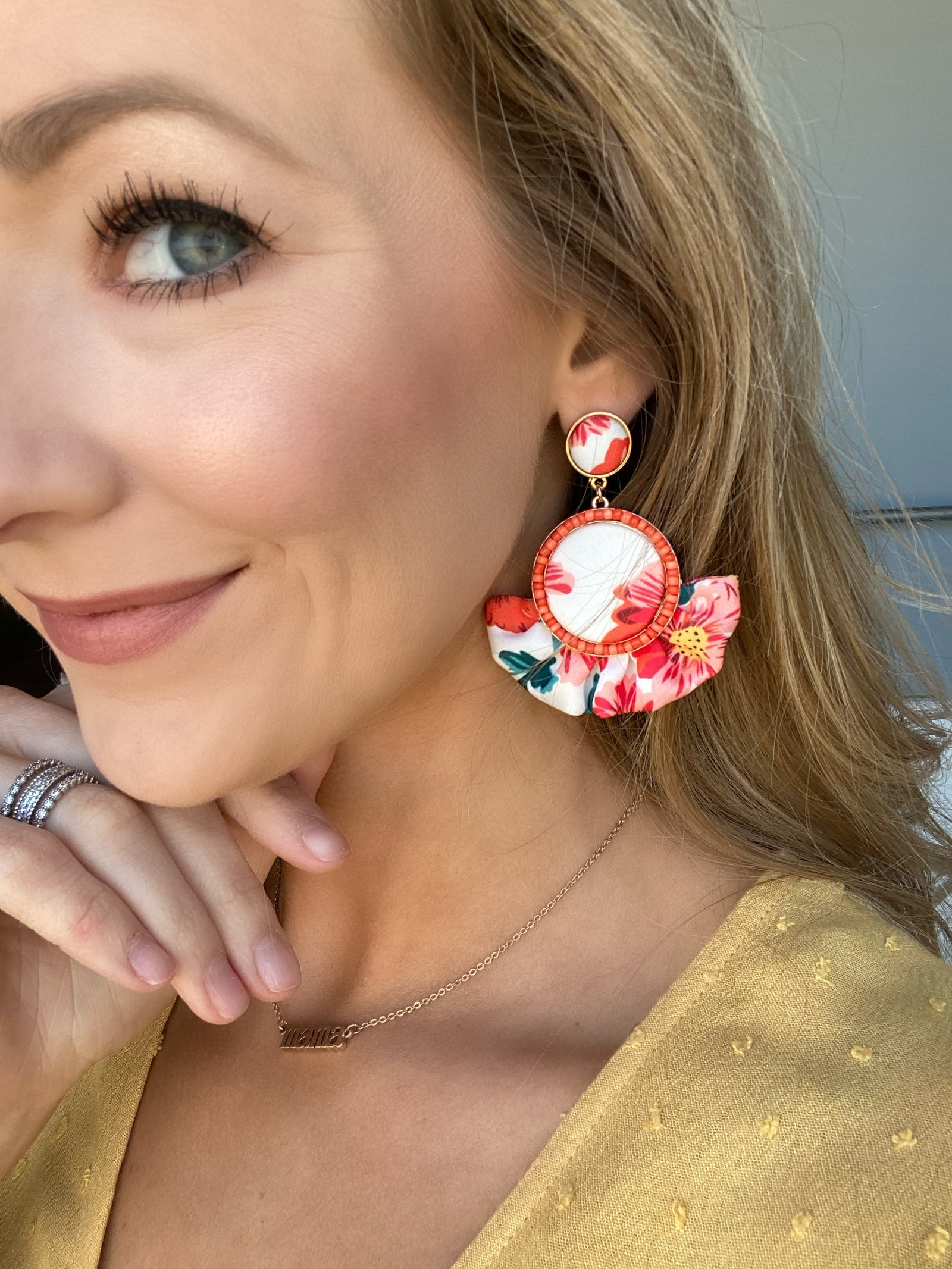 Ruffle Flare Dangle Earrings- White & Coral