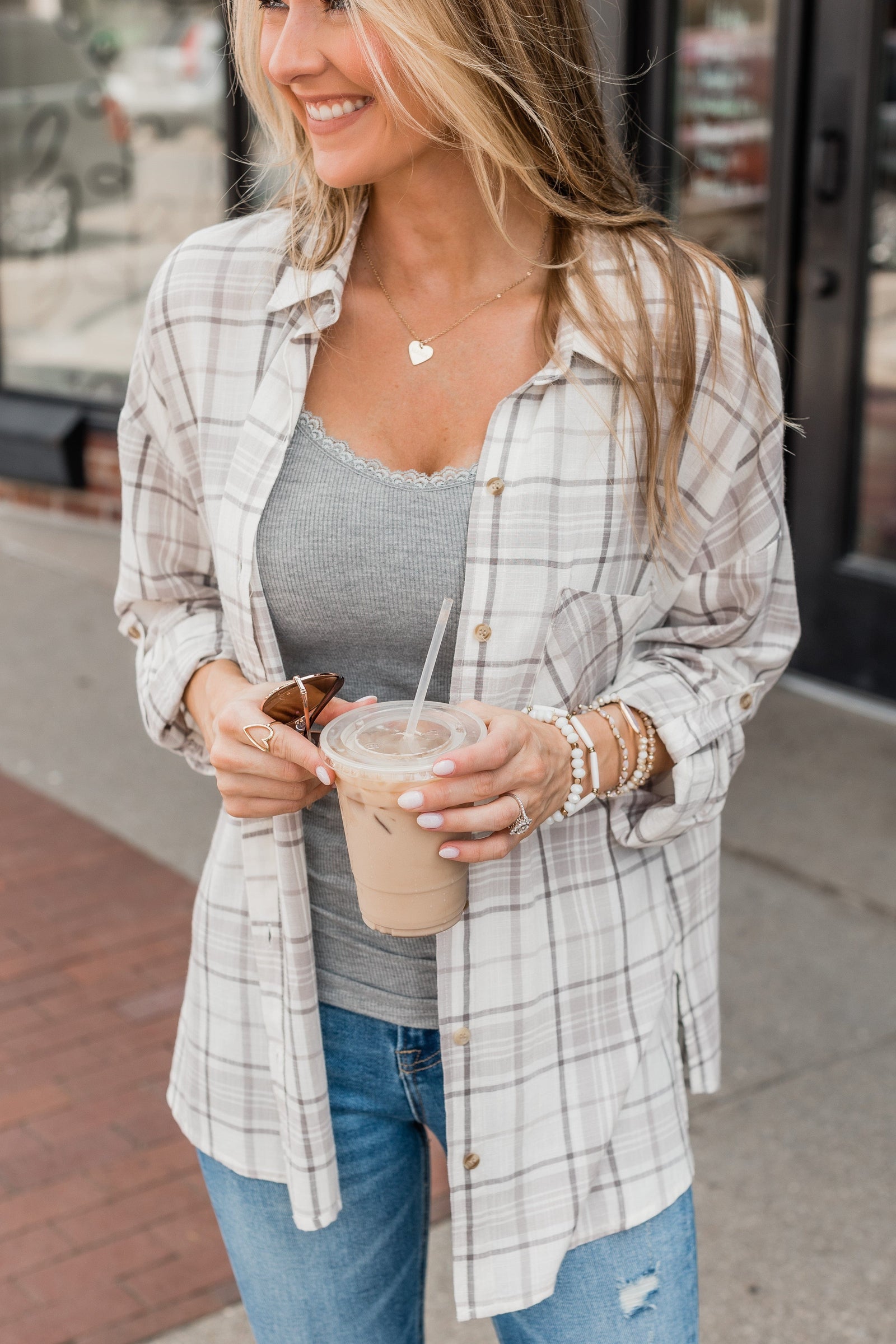 On My Way Button Plaid Top- Beige & Ivory