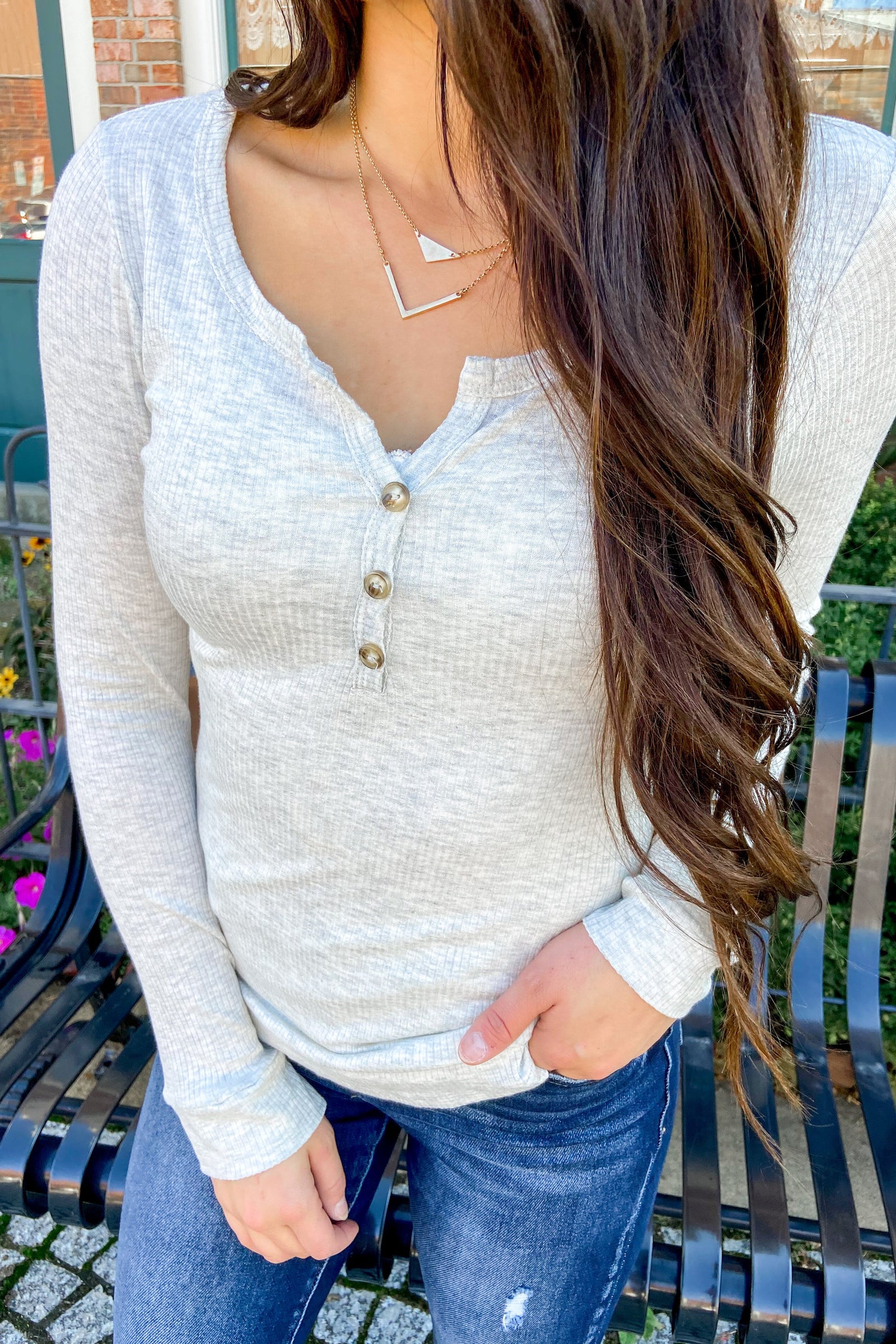 Break The Silence Button Henley Top- Light Heather Grey