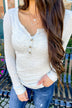 Break The Silence Button Henley Top- Light Heather Grey