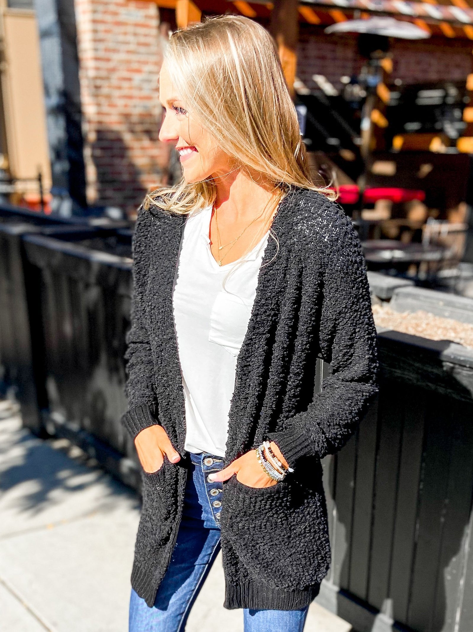 Black popcorn cardigan sale