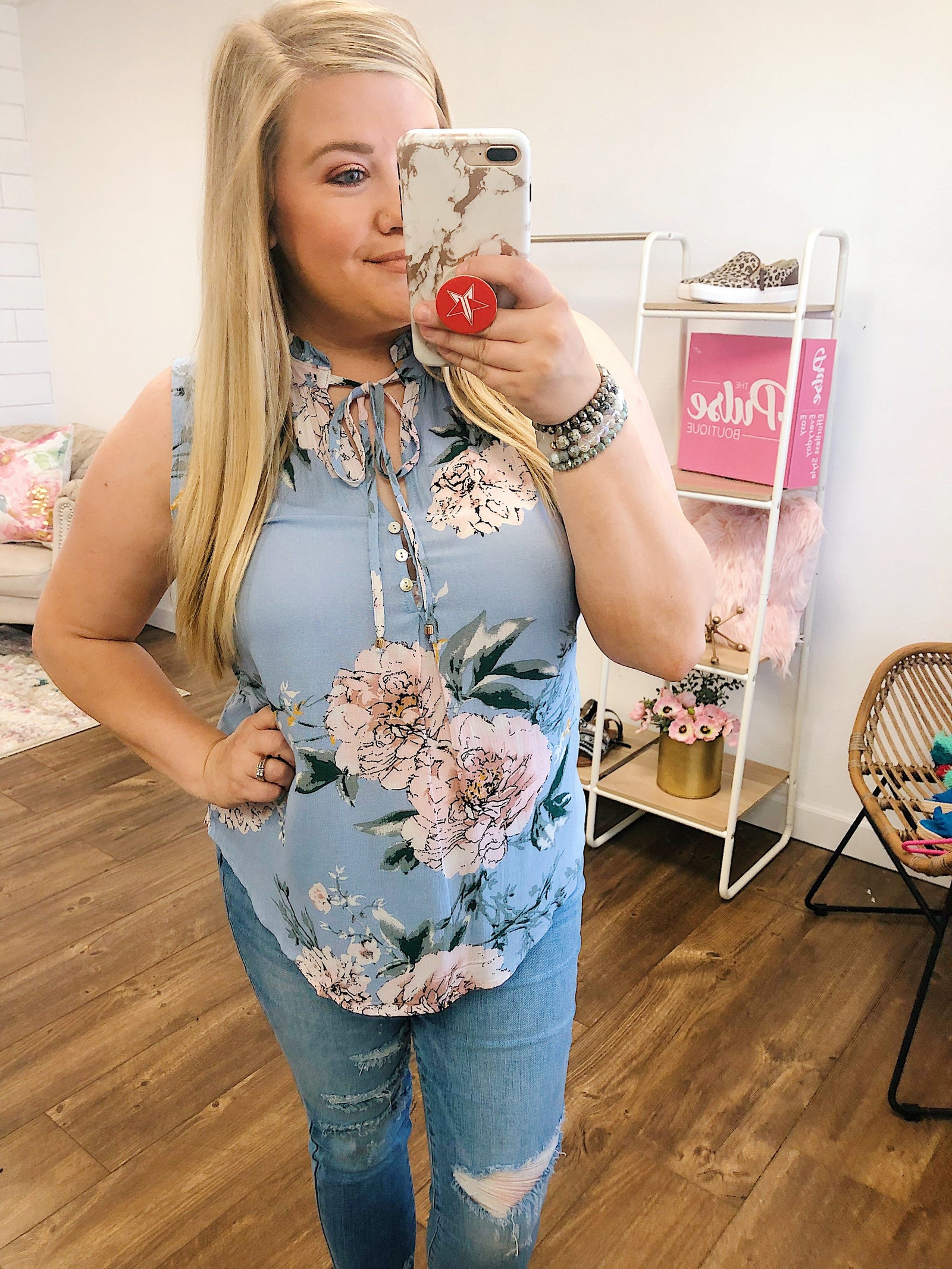 Sweet As Can Be Floral Tie Tank Top- Powder Blue