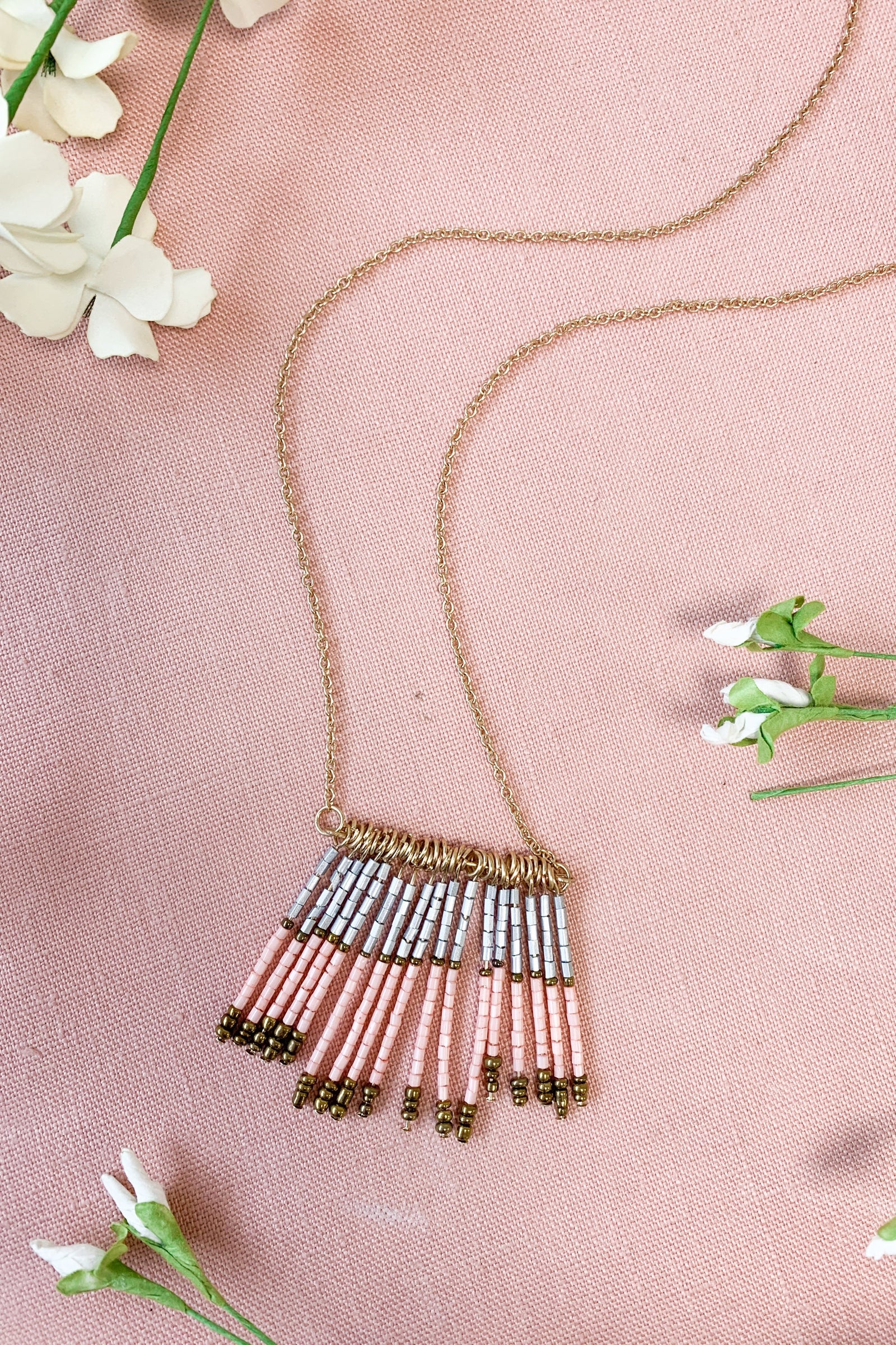 Long Gold Beaded Tassel Necklace- Pink