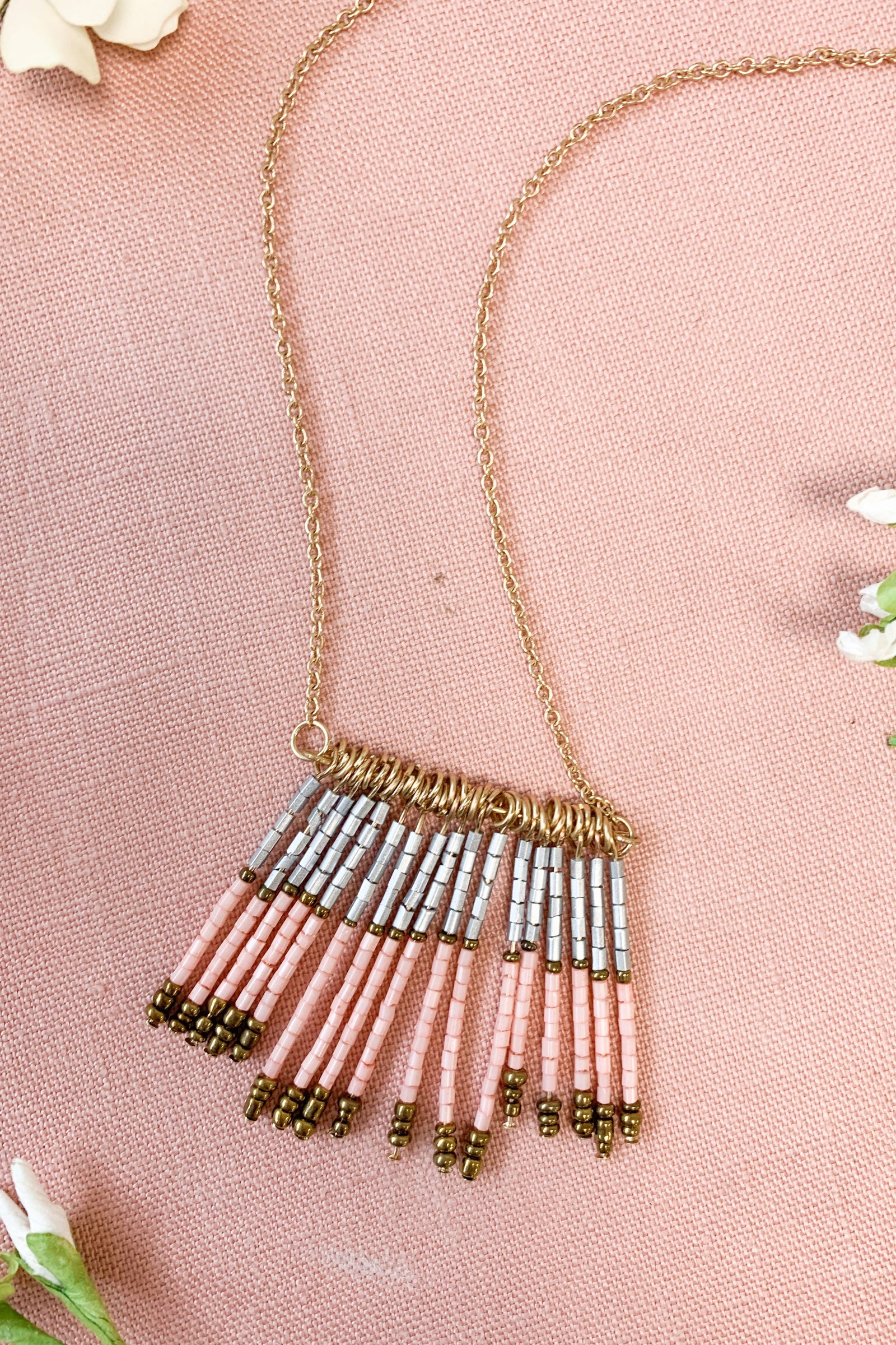 Long Gold Beaded Tassel Necklace- Pink