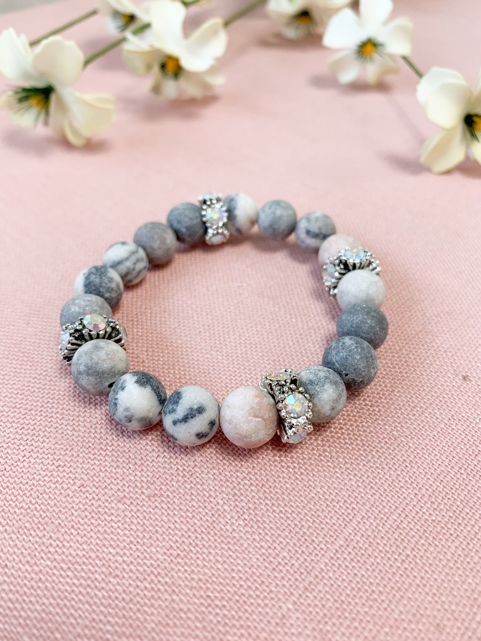Stone and Gem Bracelet-Grey and Pink