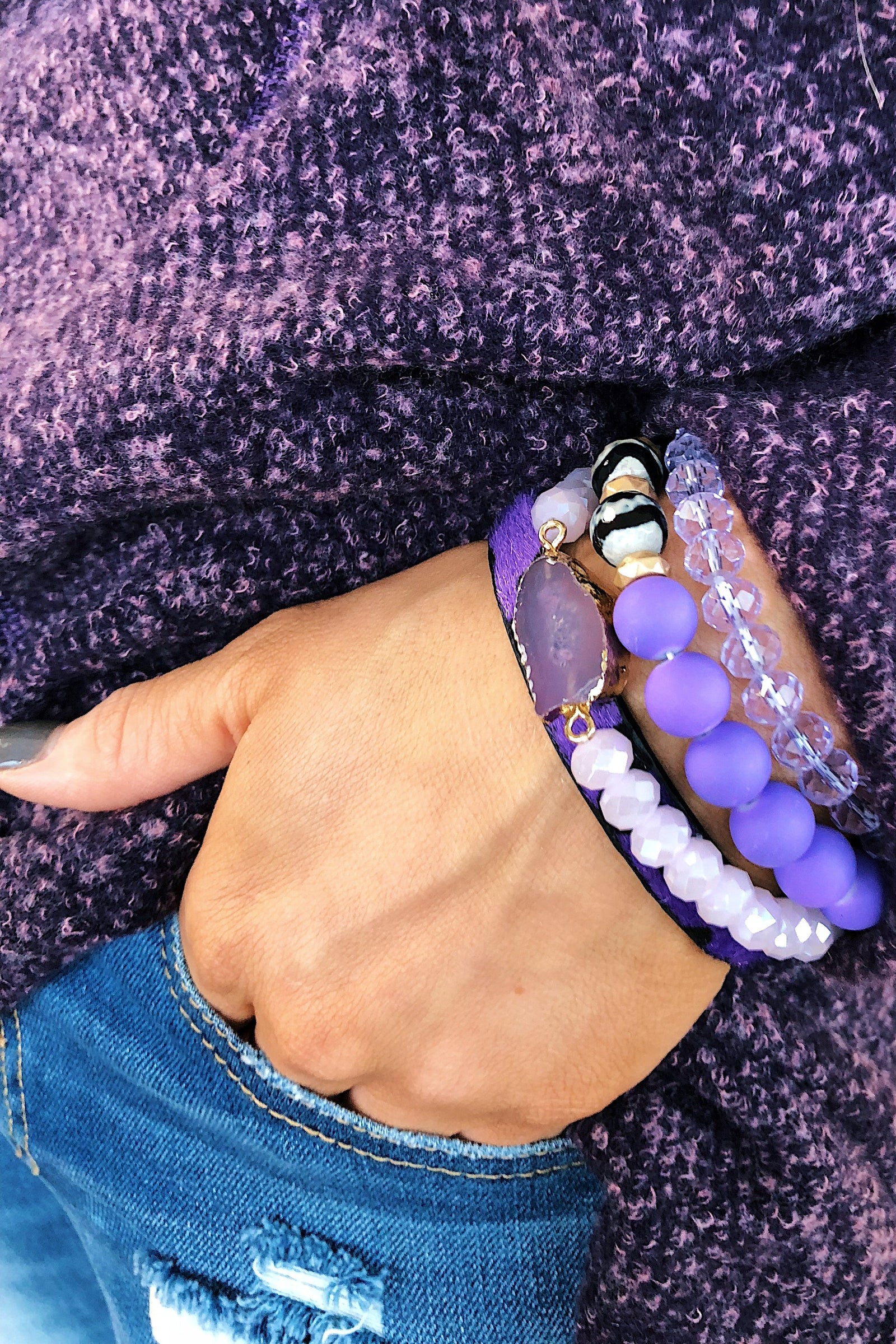 Geo Stone & Leopard Beaded Bracelet Set- Deep Purple