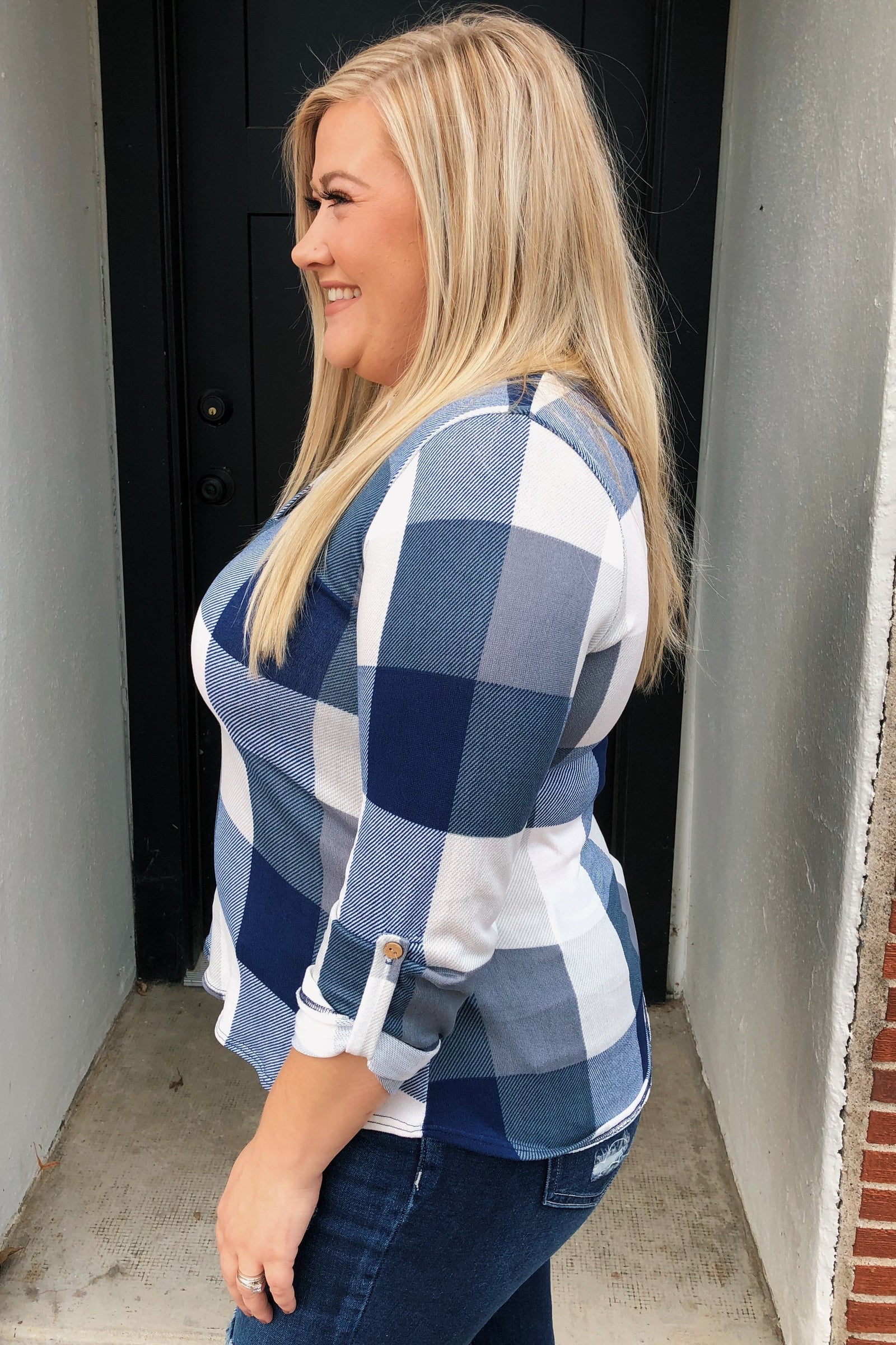 Sincerely Me Plaid V-Neck Top- Blue