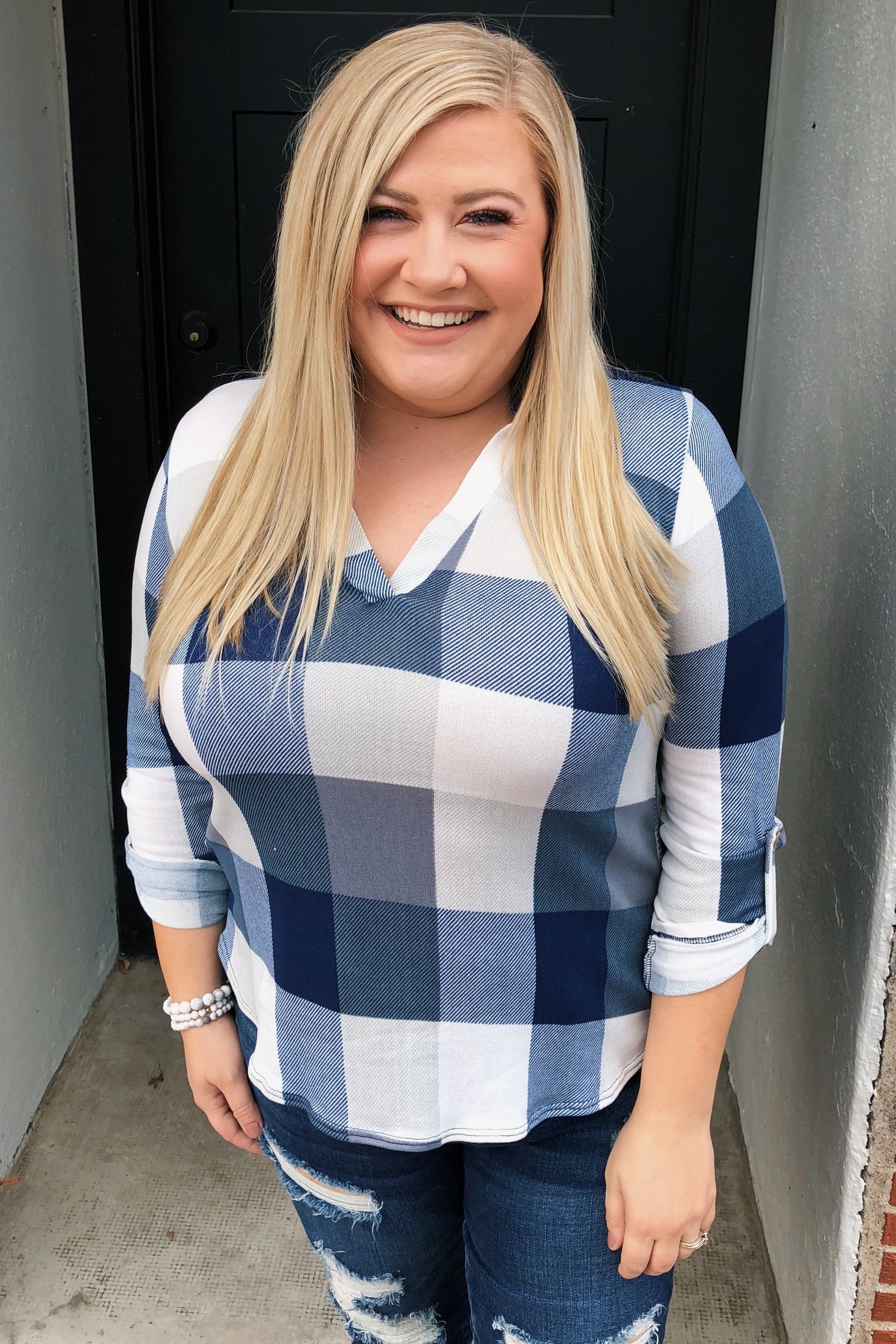 Sincerely Me Plaid V-Neck Top- Blue